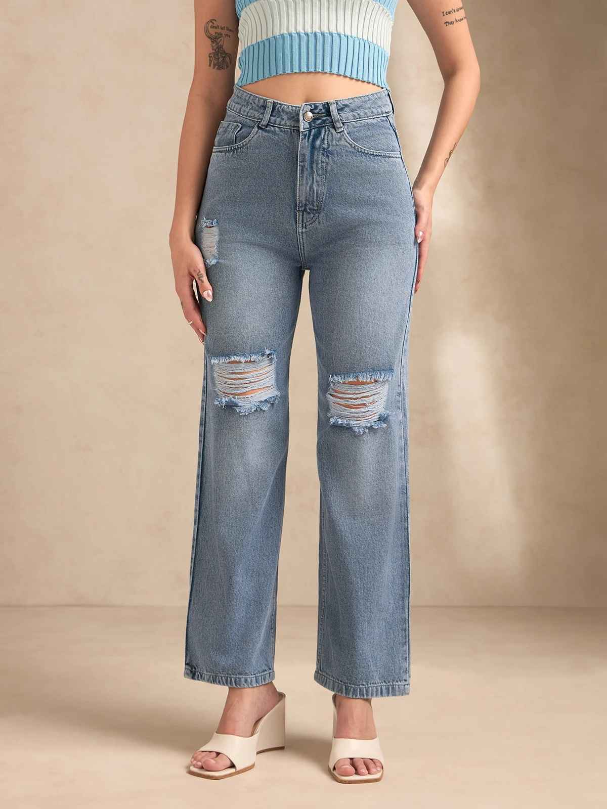 Aadvi Fashion Women's High-Rise Ripped Jeans | Light Blue - 34
