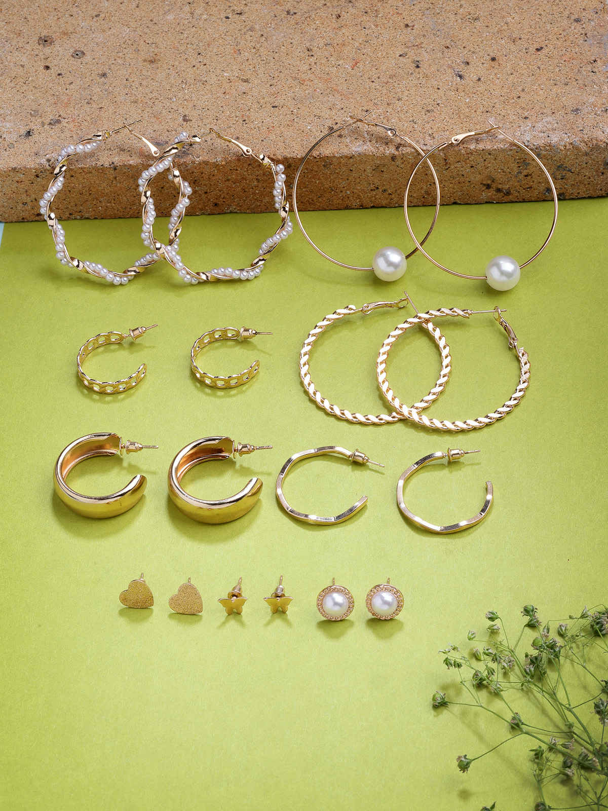 Scintillare By Sukkhi Gold Plated Multi Shaped Diamond & Pearls Studs Hoop Combo Earrings For Women