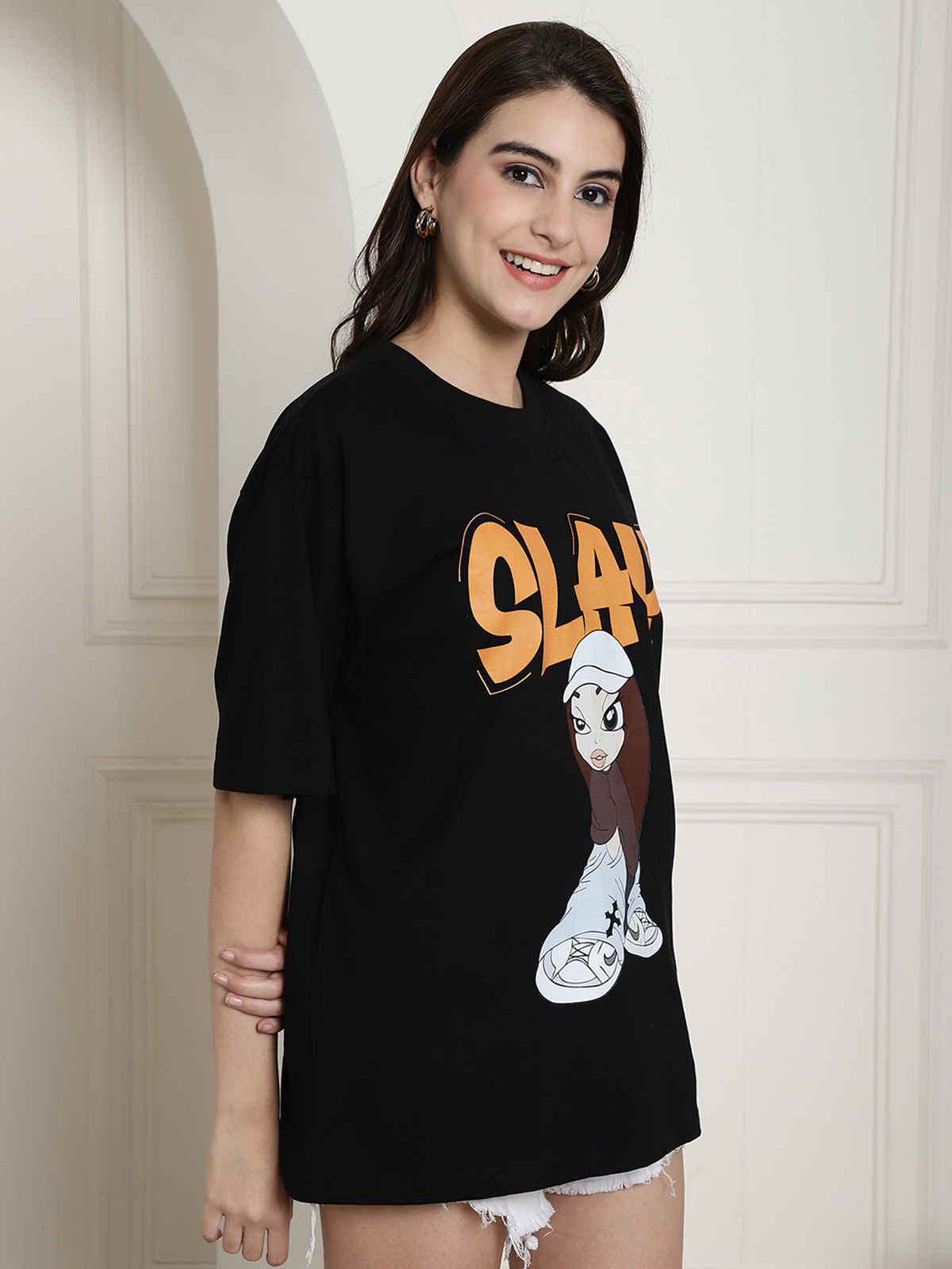 Fabflee Women's Oversize Cotton Printed Round Neck Tshirt | Black | NEX-OS-501 | L