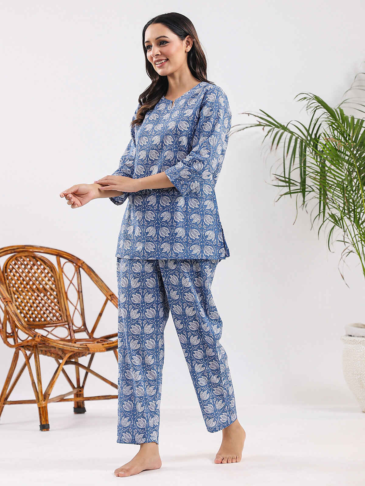 Sanskrutihomes Printed Pure Cotton Night Suit | Blue - S