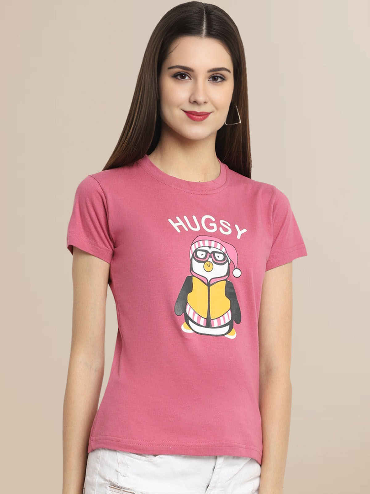 Fabflee Women's Regular Cotton Printed Round Neck Tshirt | Pink | NEX-WT-35 | M