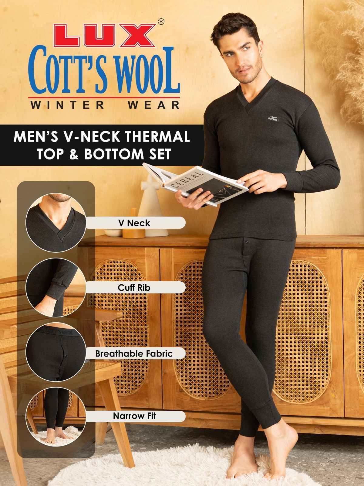 Lux Cottswool Men's Full Sleves V|Neck Thermal Top And Bottom Set | Black| 95 cm
