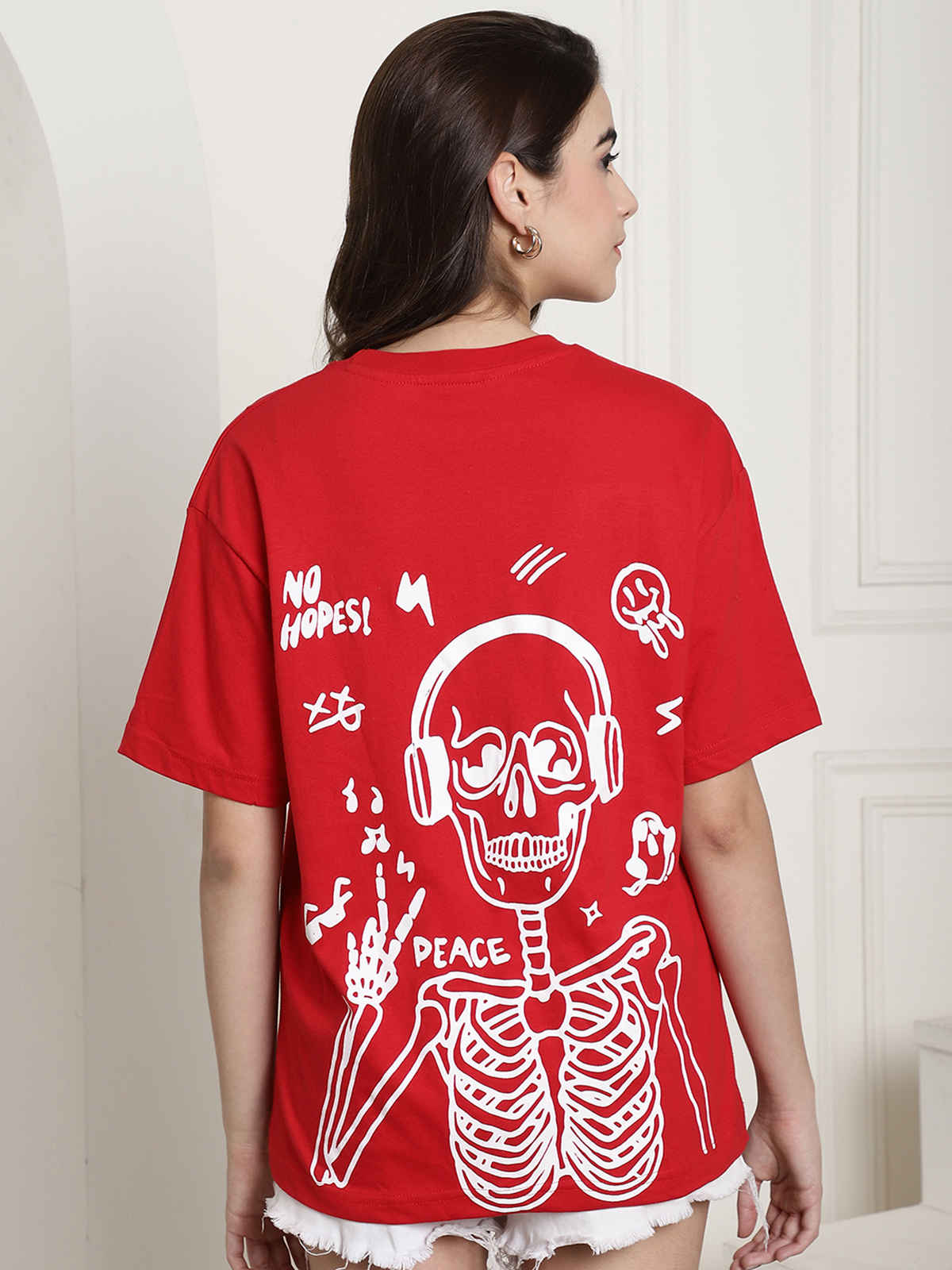 Fabflee Women's Oversize Cotton Printed Round Neck Tshirt | Red | NEX-OS-505 | L