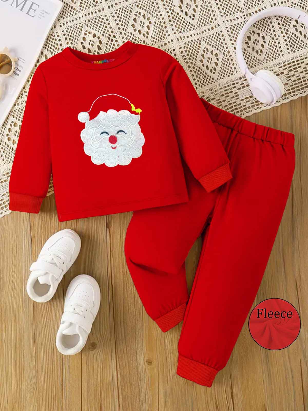 Trampoline Kids Santa Embroider Christmas Fleece Sweatshirt and Jogger Set | Red | 3-4 Years