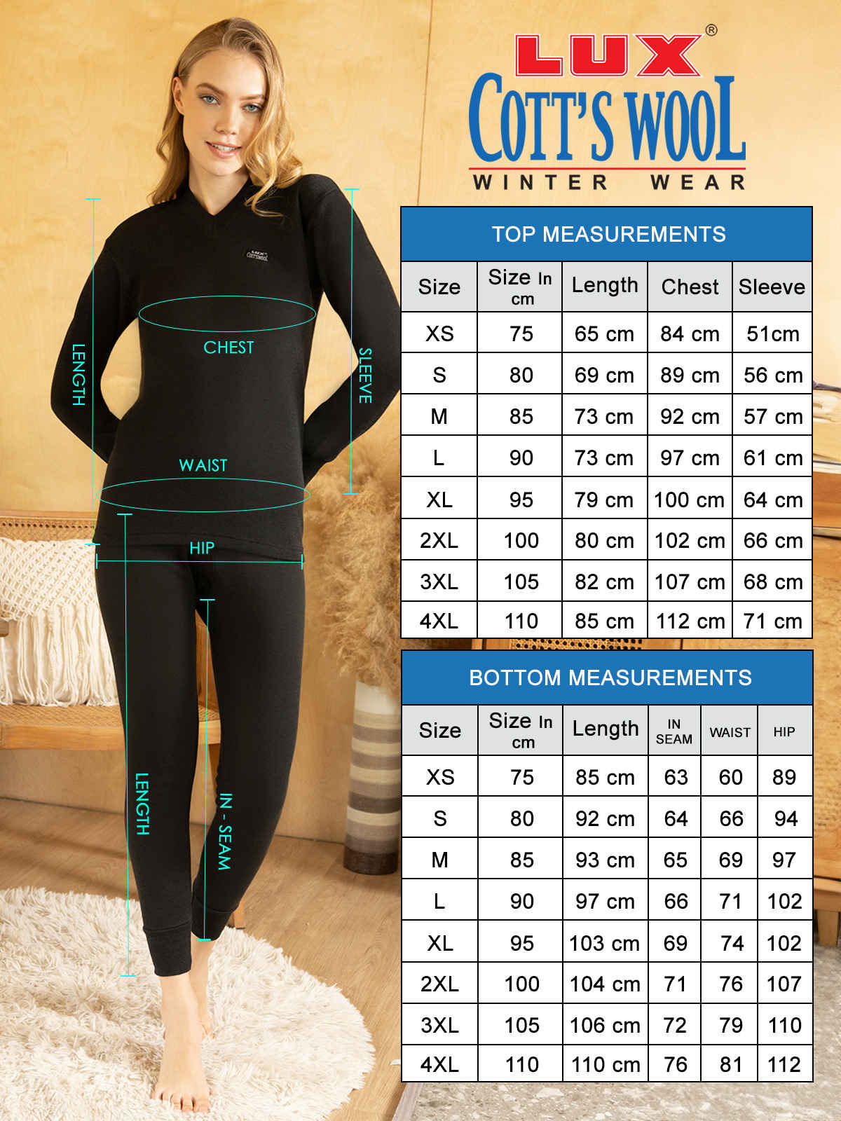 Lux Cottswool Women's Thermal Set For Embrace Warmth and Style Black - 90CM