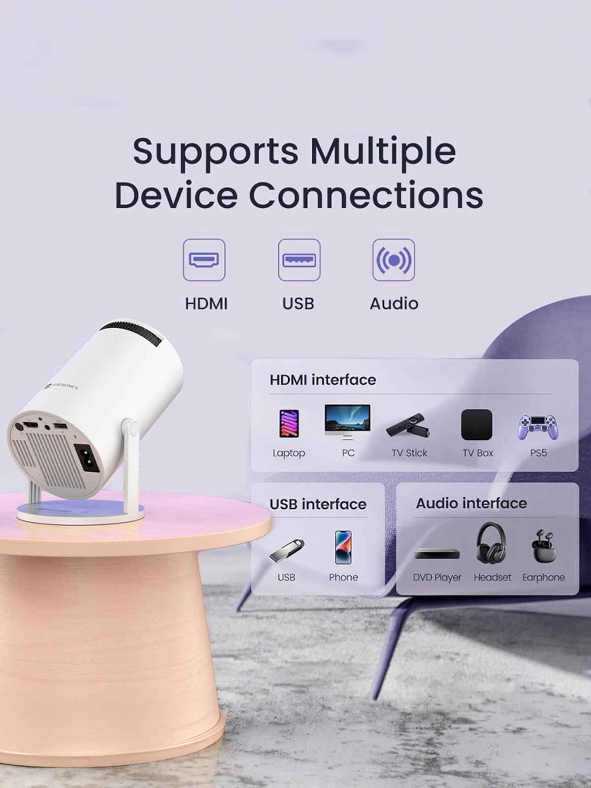 Portronics Beem 440 Smart LED Projector, 720p HD, Built-in Apps, 2000 Lumen, Screen Mirroring| White
