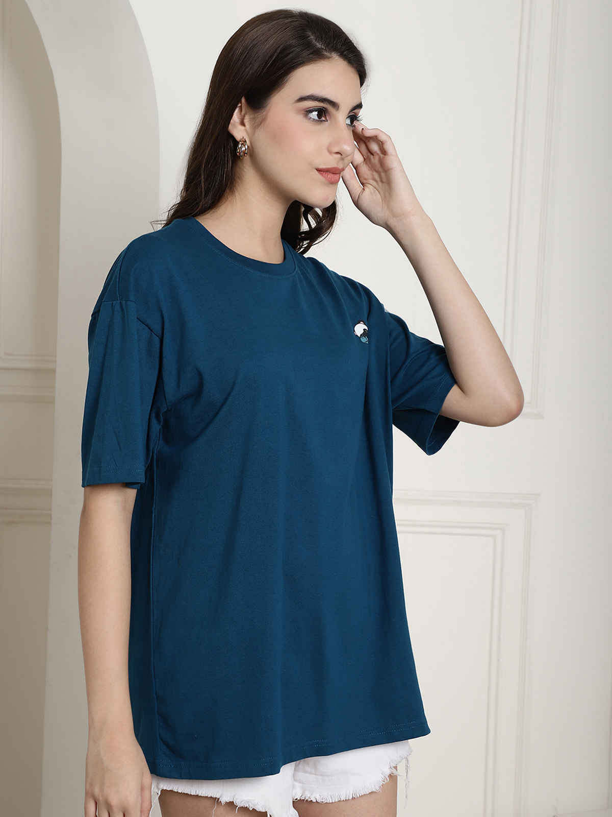 Fabflee Women's Oversize Cotton Printed Round Neck Tshirt | Blue | NEX-OS-503 | XL