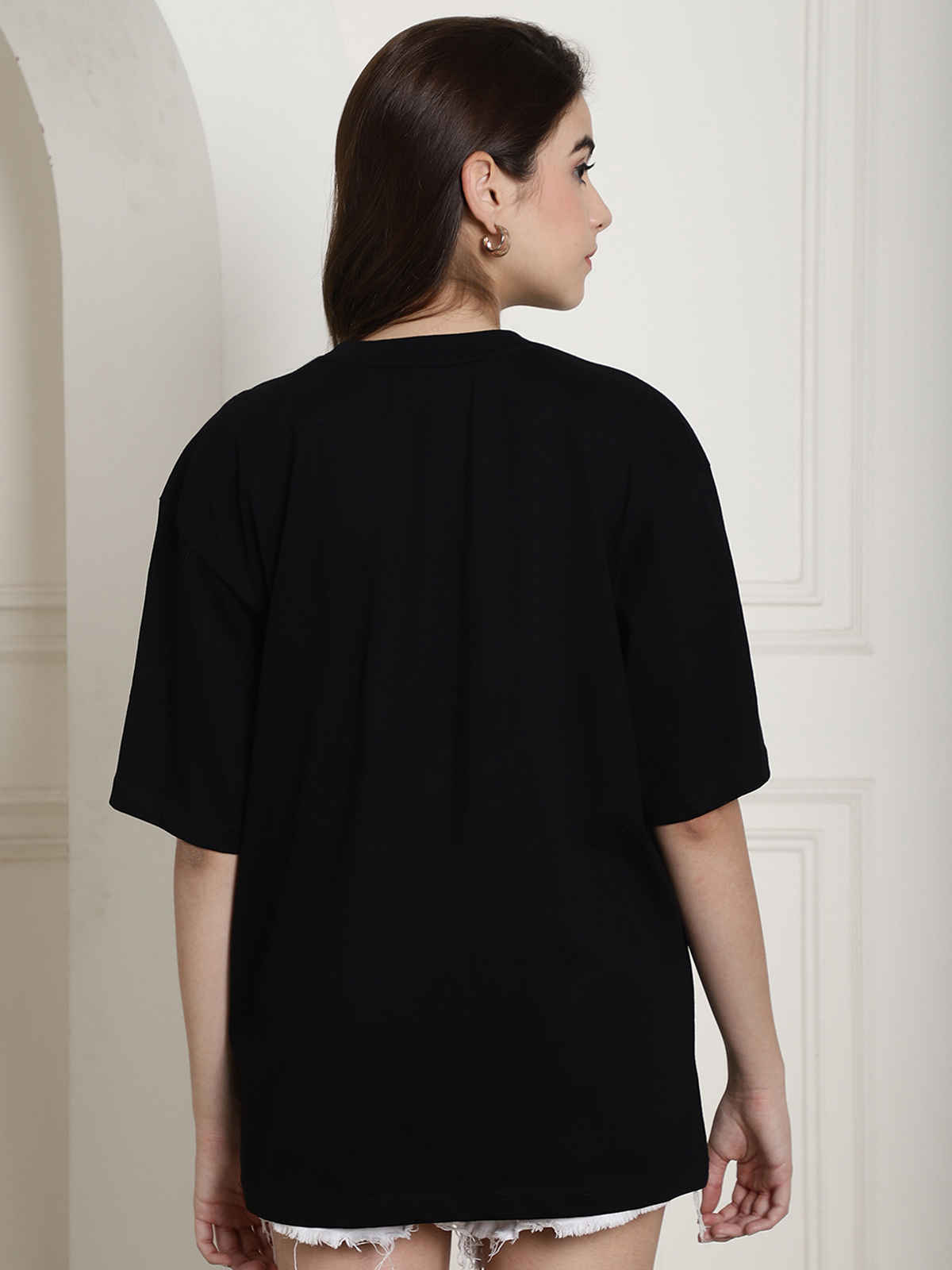 Fabflee Women's Oversize Cotton Printed Round Neck Tshirt | Black | NEX-OS-501 | M