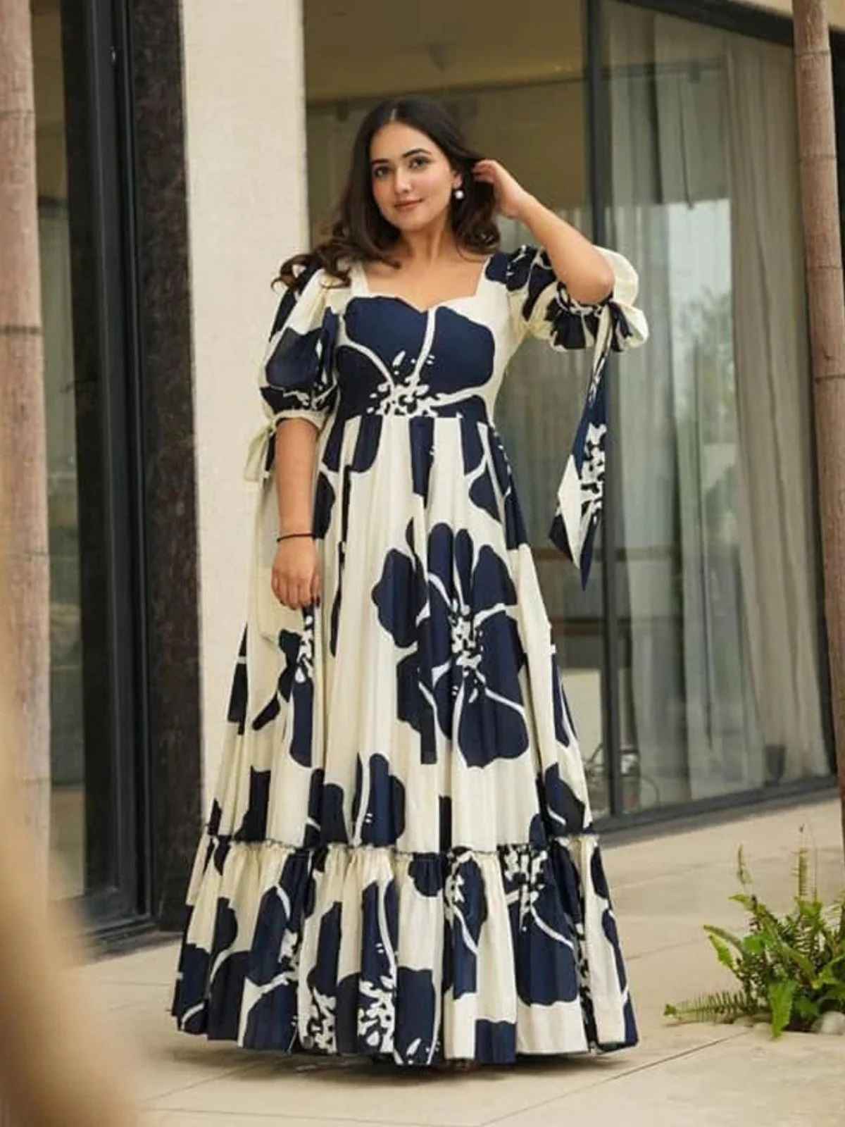 Sheetal Associates Women's Fit And Flare Maxi Full Length Dress | 12433 | Blue And White - S