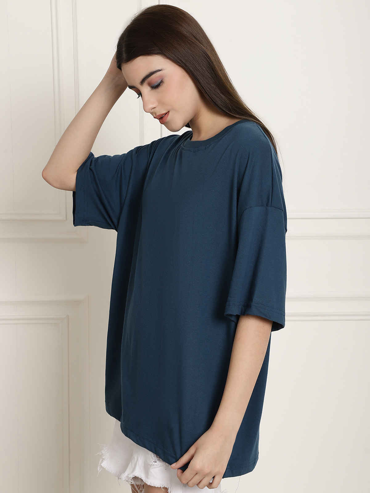 Fabflee Women's Oversize Cotton Printed Round Neck Tshirt | Blue | NEX-OS-507 | L