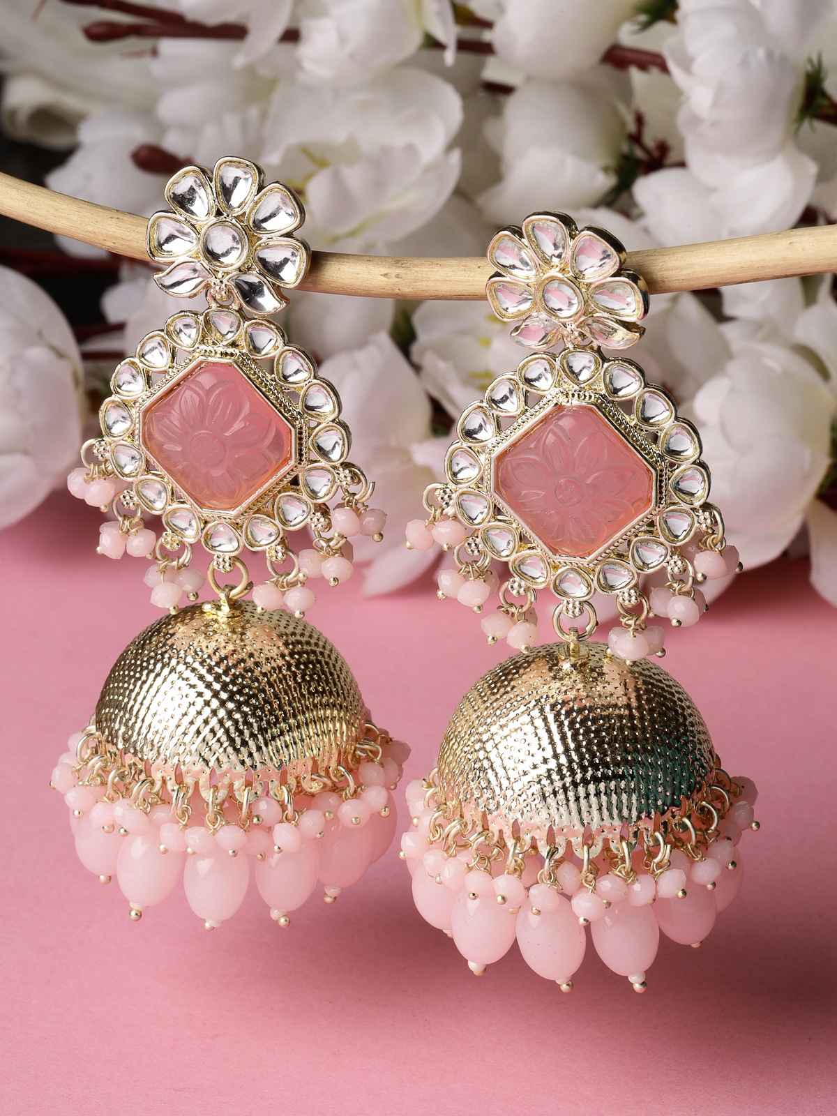 Sukkhi Decent Gold Plated Pink Kundan Studded Jhumka Earrings for Women