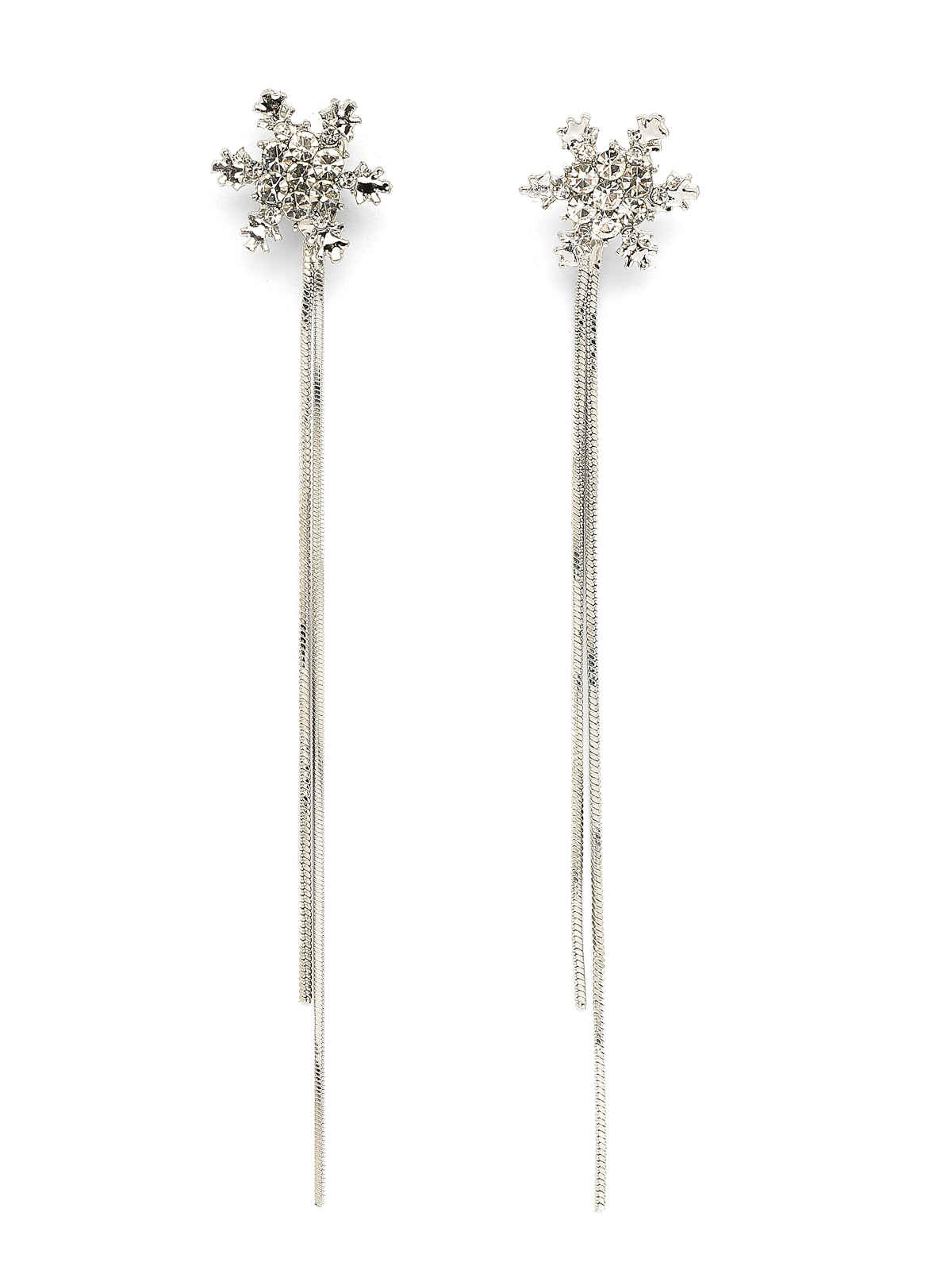 Scintillare By Sukkhi Floral Shiny Crystal Diamond Long Silver Dangle Earrings For Women | E107239