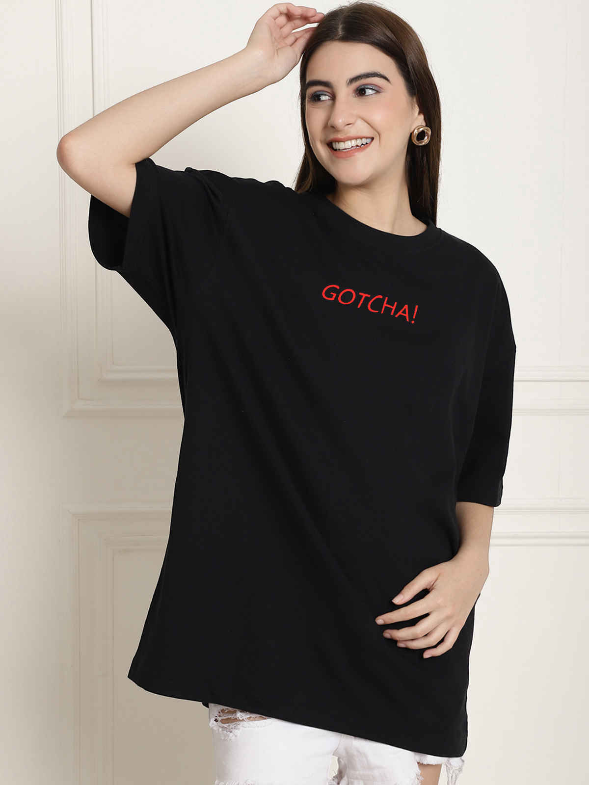 Fabflee Women's Oversize Cotton Printed Round Neck Tshirt | Black | NEX-OS-504 | L