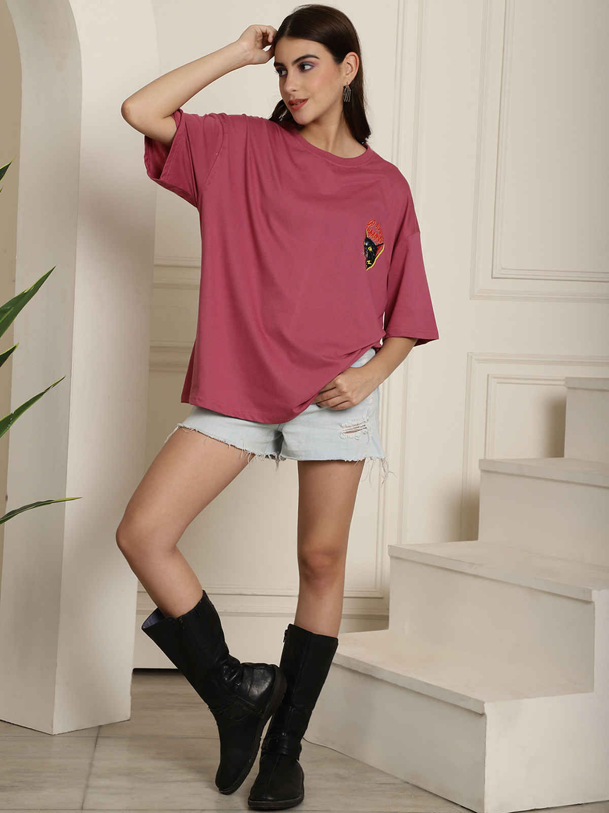 Fabflee Women's Oversize Cotton Printed Round Neck Tshirt | Pink | NEX-OS-502 | L