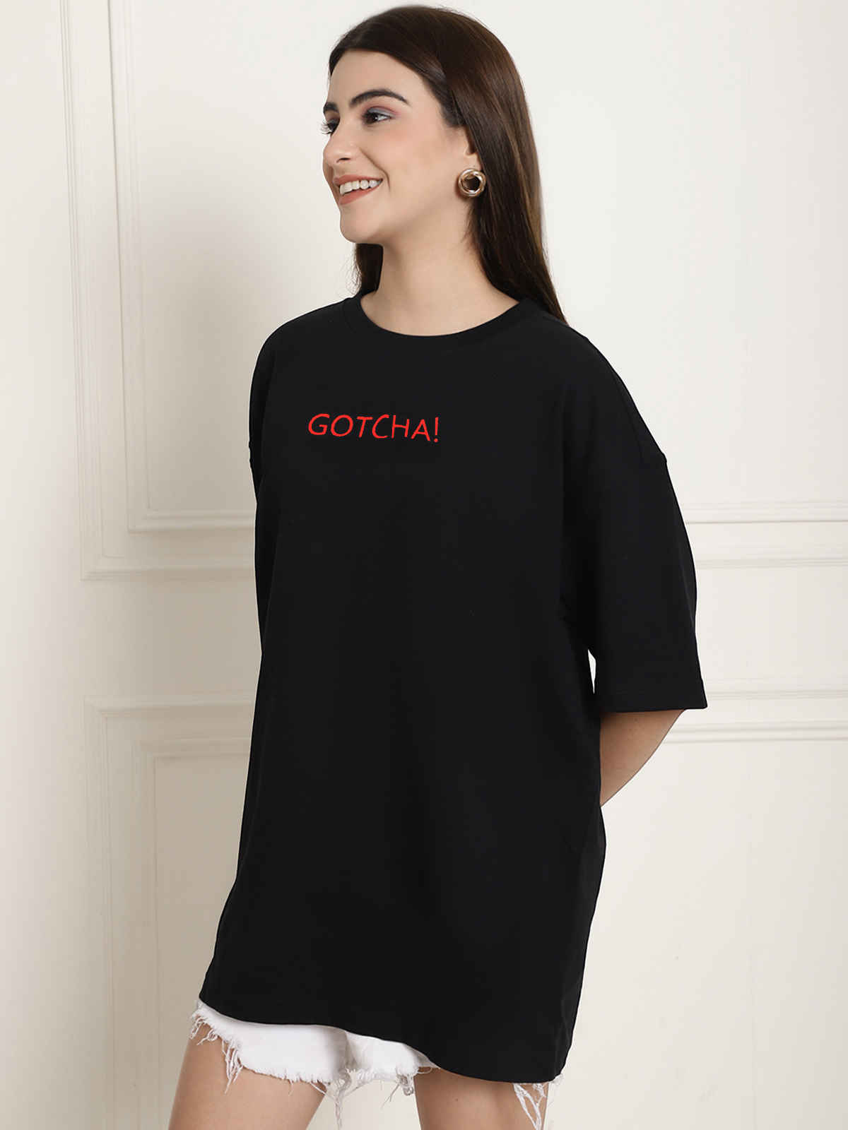 Fabflee Women's Oversize Cotton Printed Round Neck Tshirt | Black | NEX-OS-504 | L