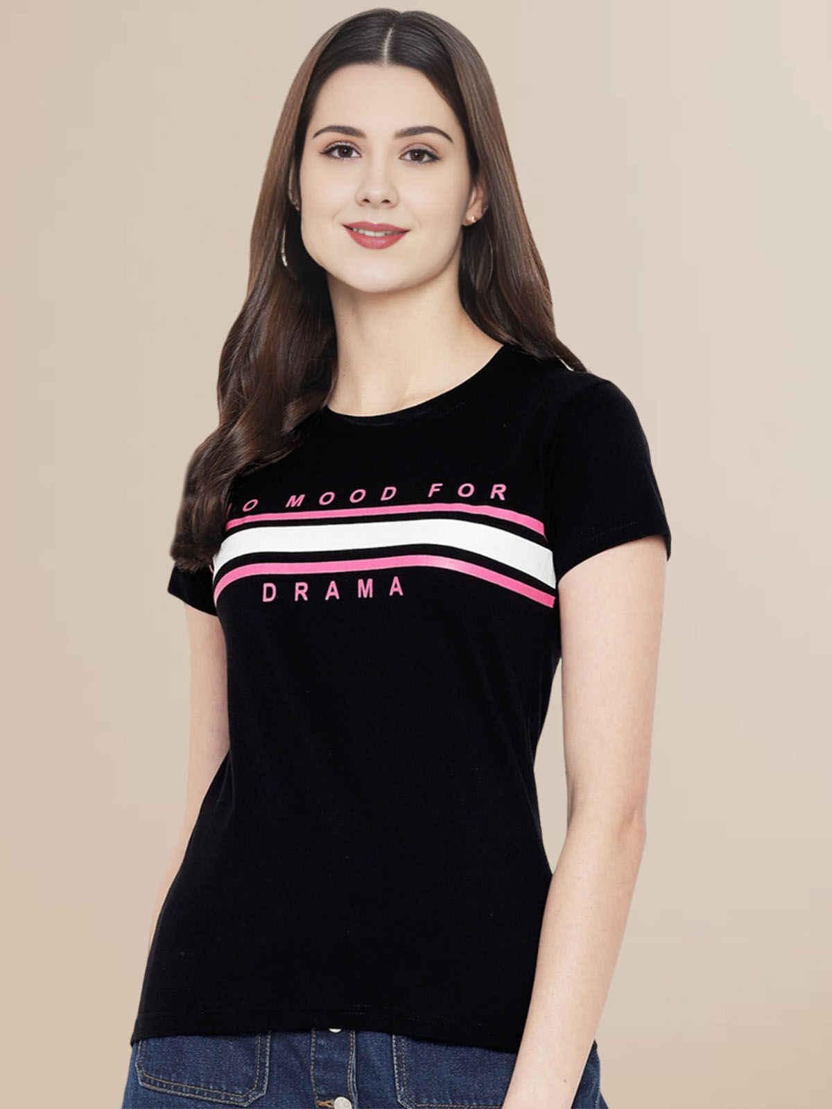 Fabflee Women's Regular Cotton Printed Round Neck Tshirt | Black | NEX-WT-08 | M