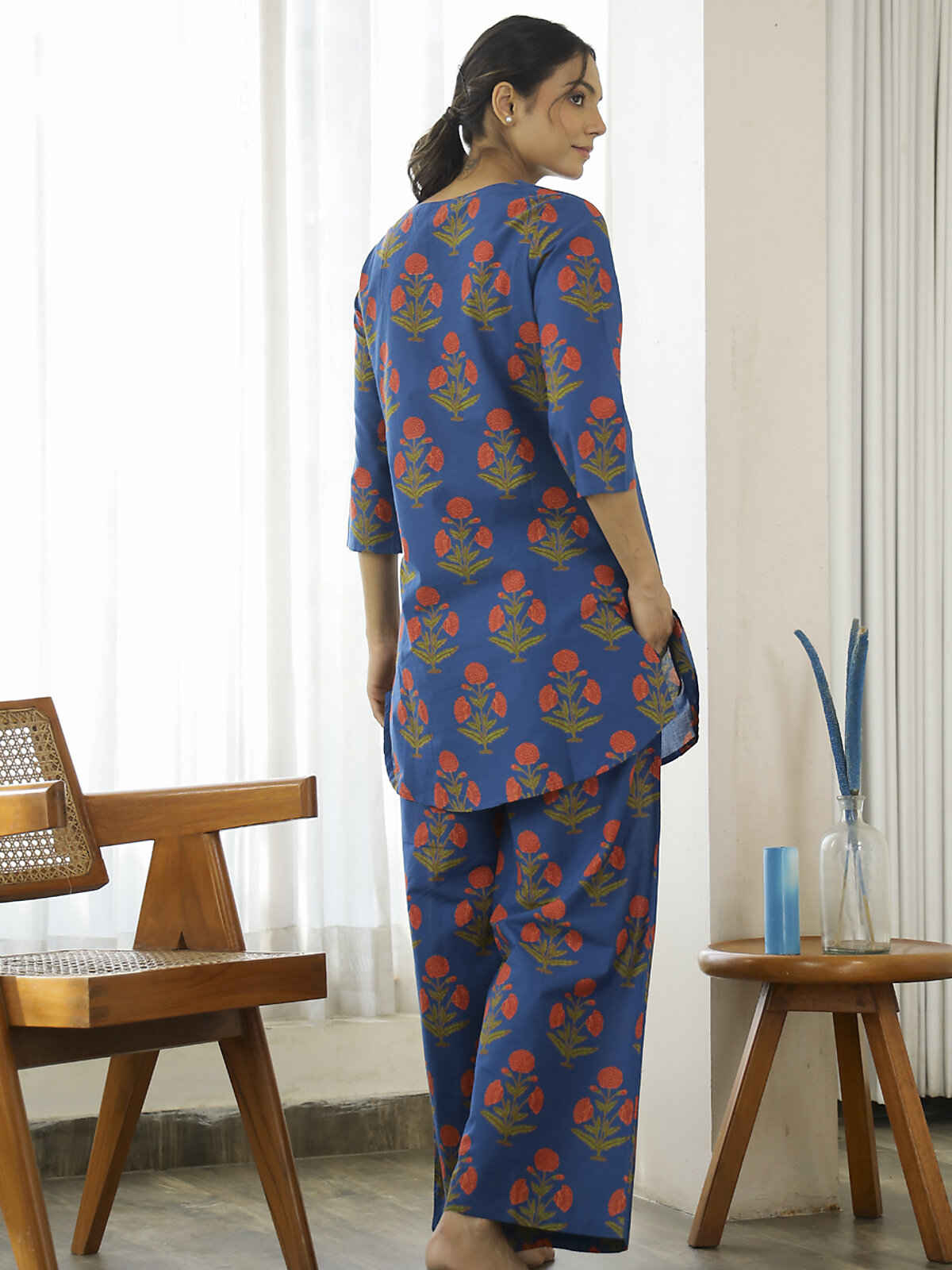Sanskrutihomes Floral Printed Pure Cotton Night Suit | Blue - M