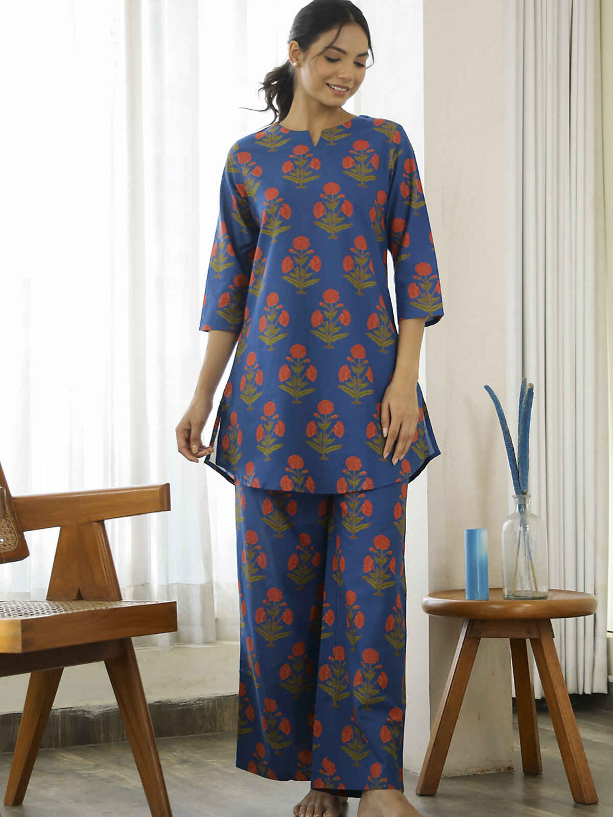 Sanskrutihomes Floral Printed Pure Cotton Night Suit | Blue - S