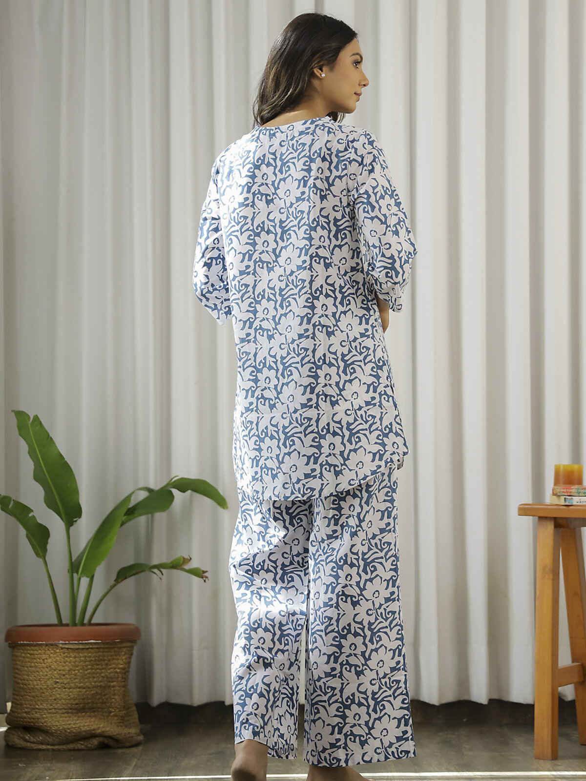 Sanskrutihomes Shirt Collar Pure Cotton Night Suit | Blue - S