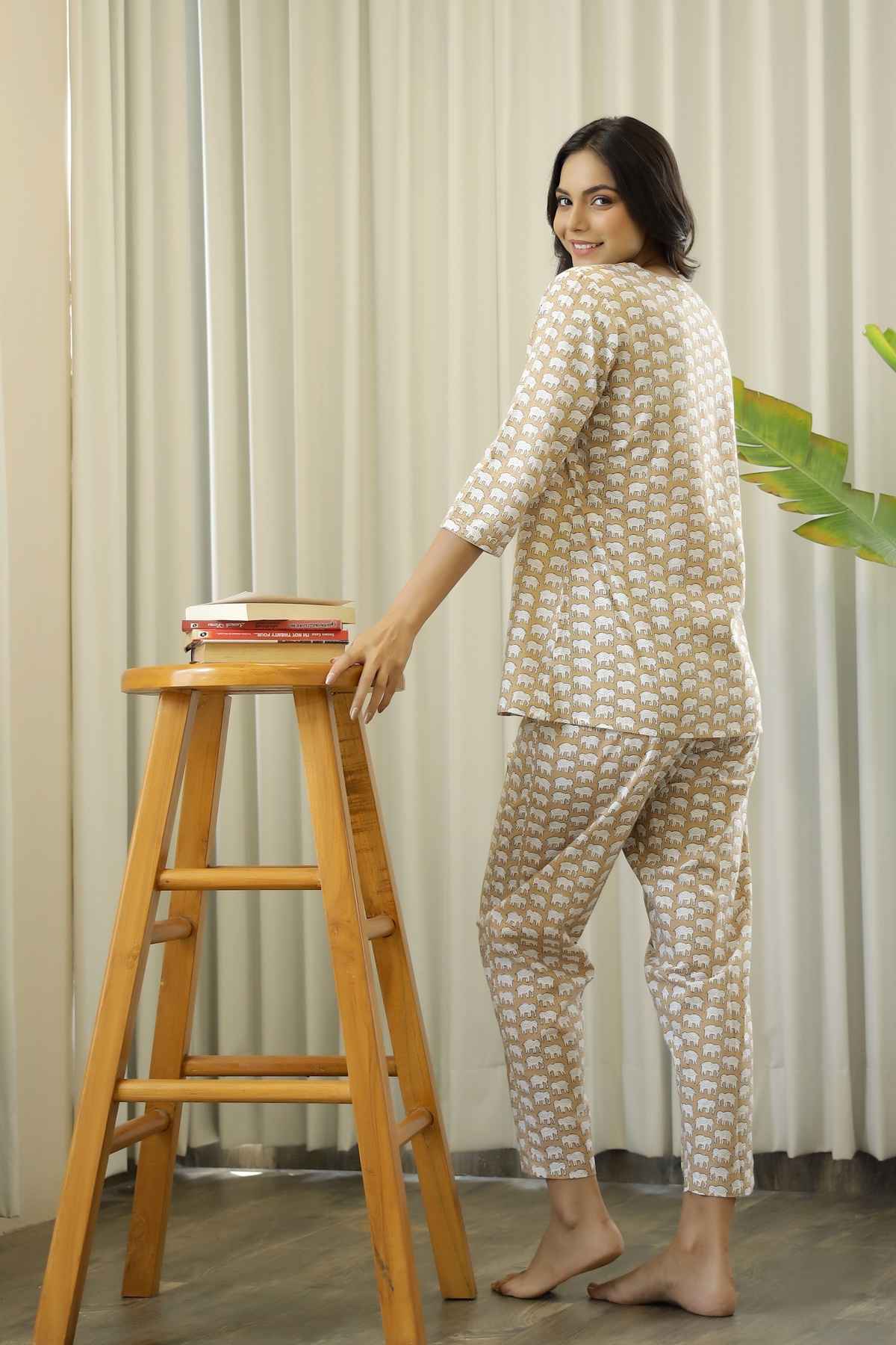 Sanskrutihomes Women's Printed Pure Cotton Night Suit | Beige - L