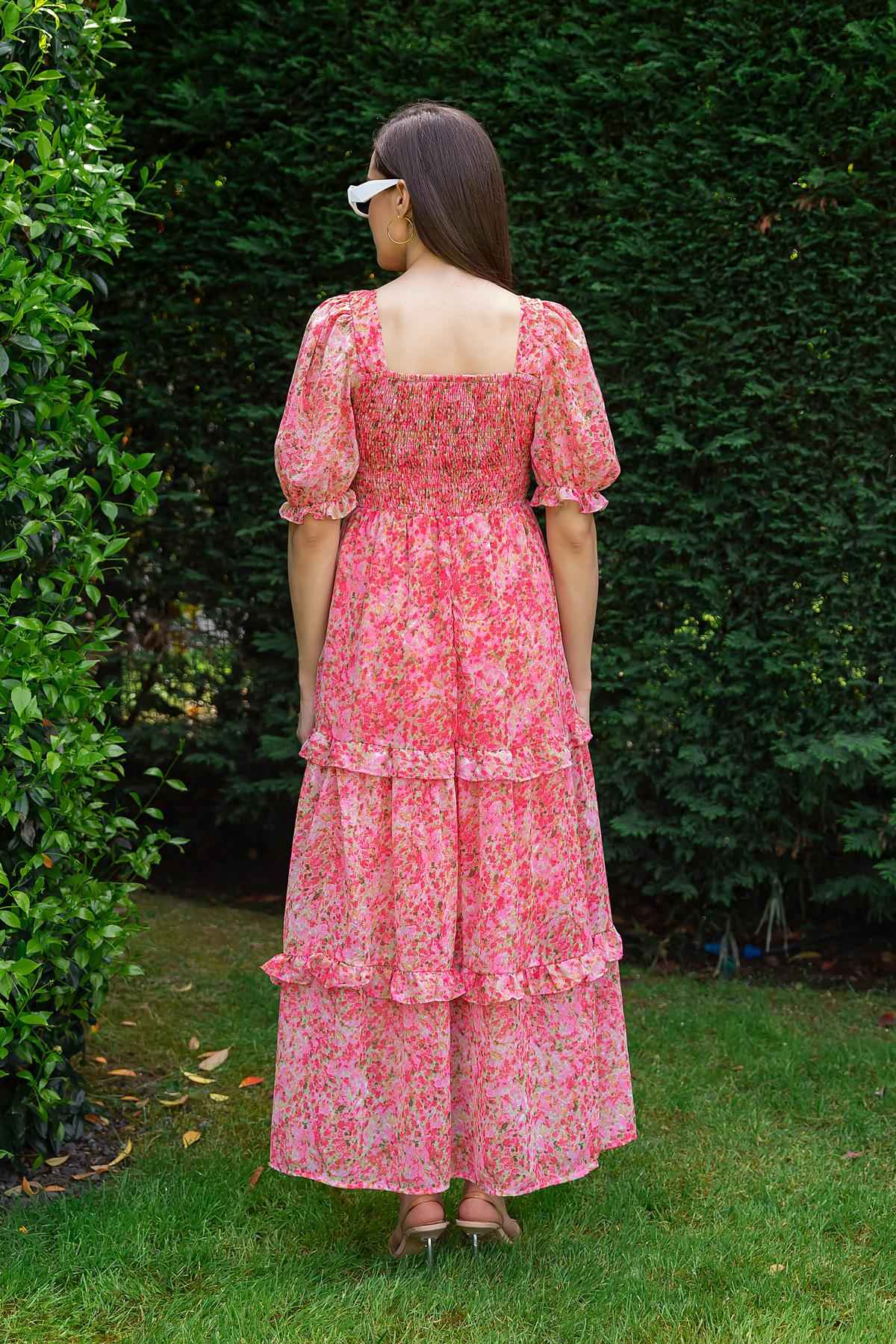Sheetal Women's Floral Georgette Neck Fit & Flare Maxi Dress | DR11264 | Pink - L