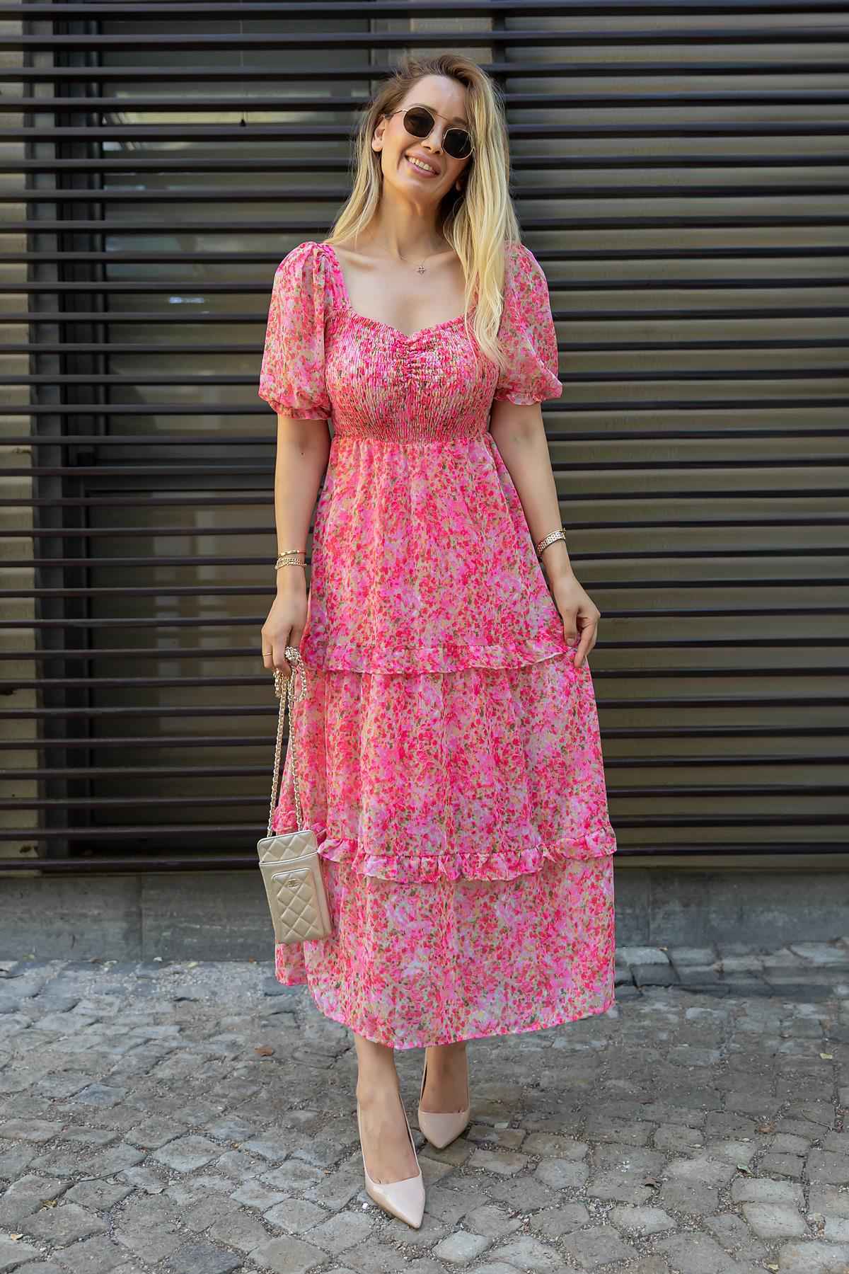 Sheetal Women's Floral Georgette Neck Fit & Flare Maxi Dress | DR11264 | Pink - S
