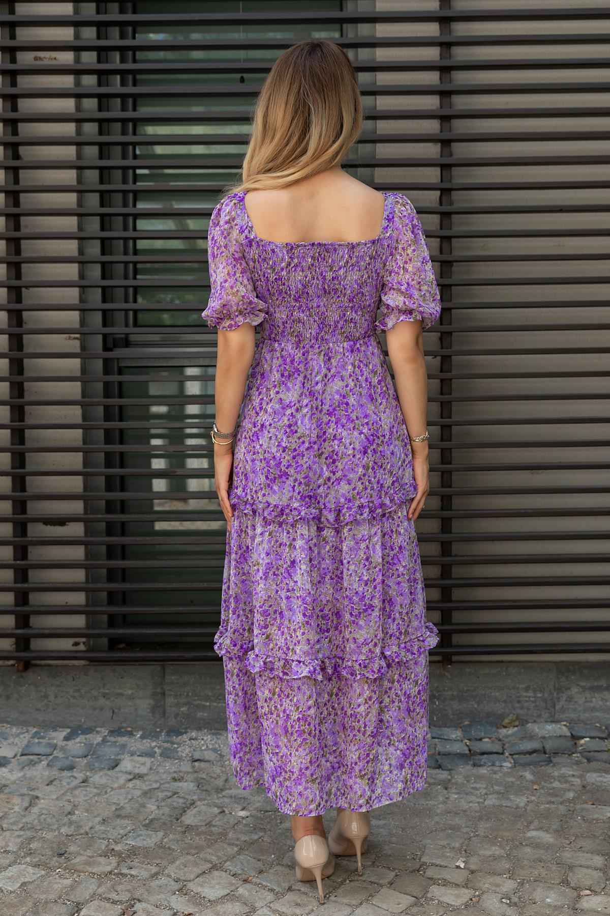 Sheetal Women's Floral Print Georgette Tiered Maxi Dress | DR11266 | Purple - M