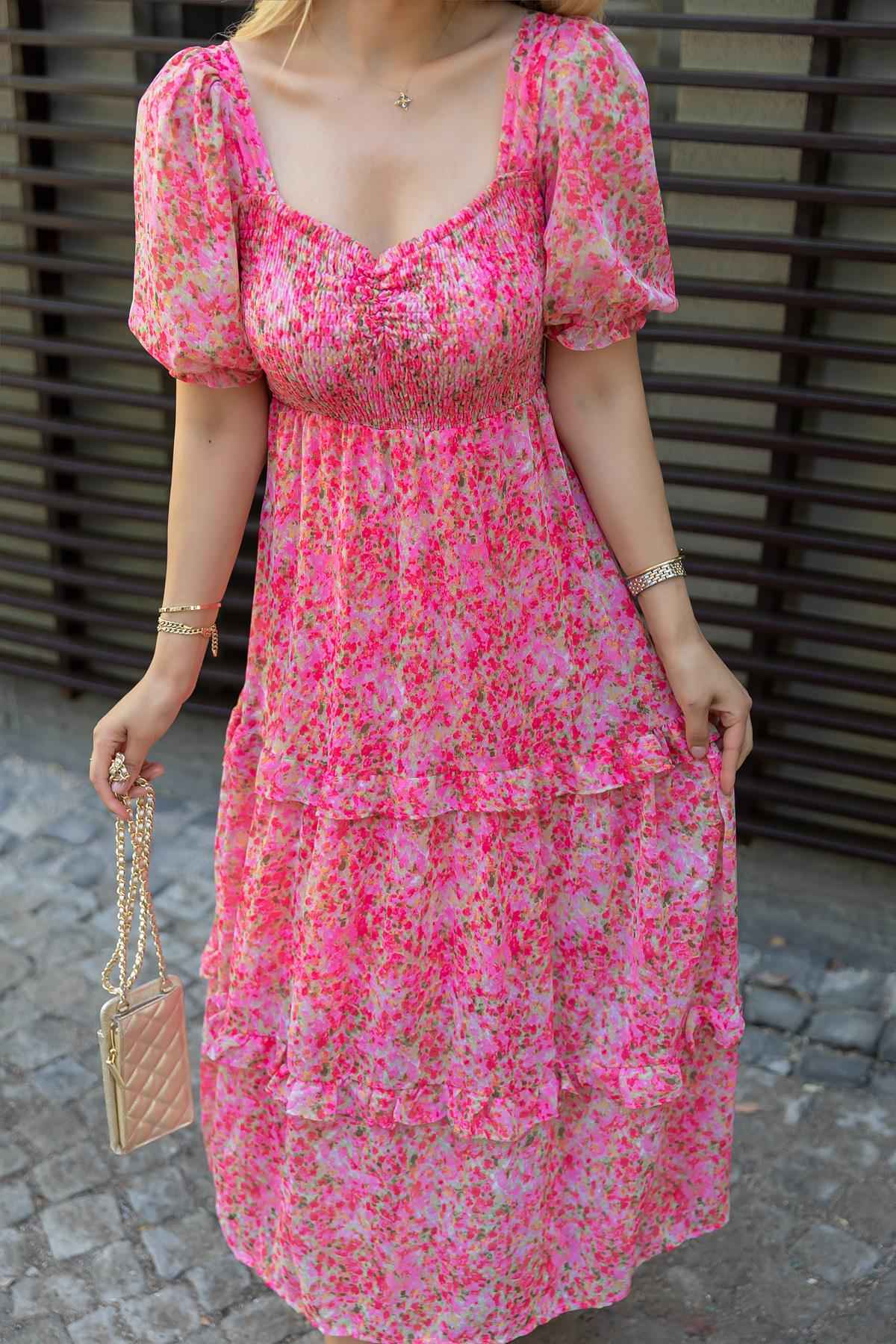Sheetal Women's Floral Georgette Neck Fit & Flare Maxi Dress | DR11264 | Pink - S