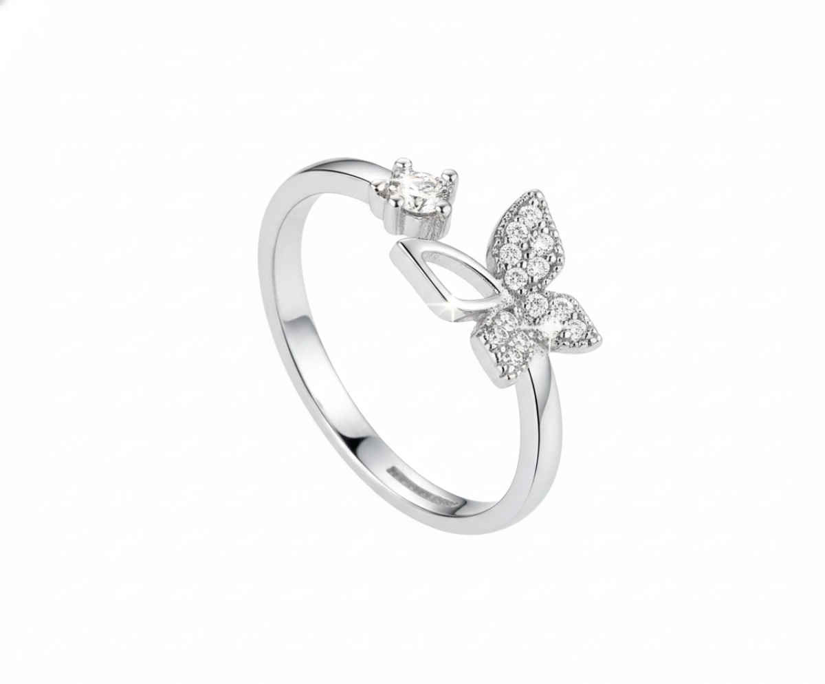 The Opal Factory | Valentines Day Sliver Plated Butterfly Cubic Diamond Flexible Size Ring