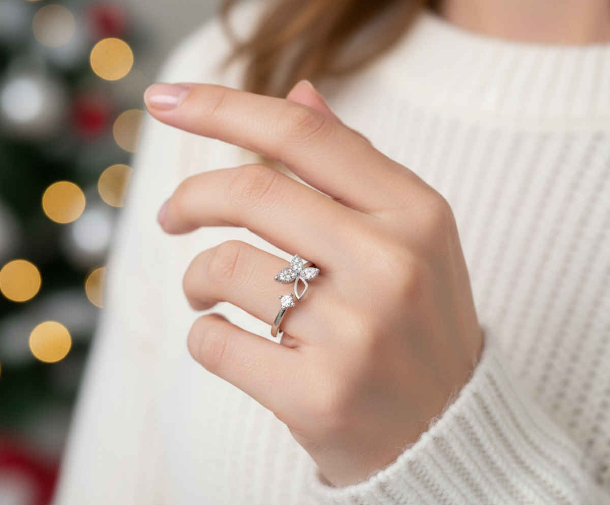 The Opal Factory | Valentines Day Sliver Plated Butterfly Cubic Diamond Flexible Size Ring