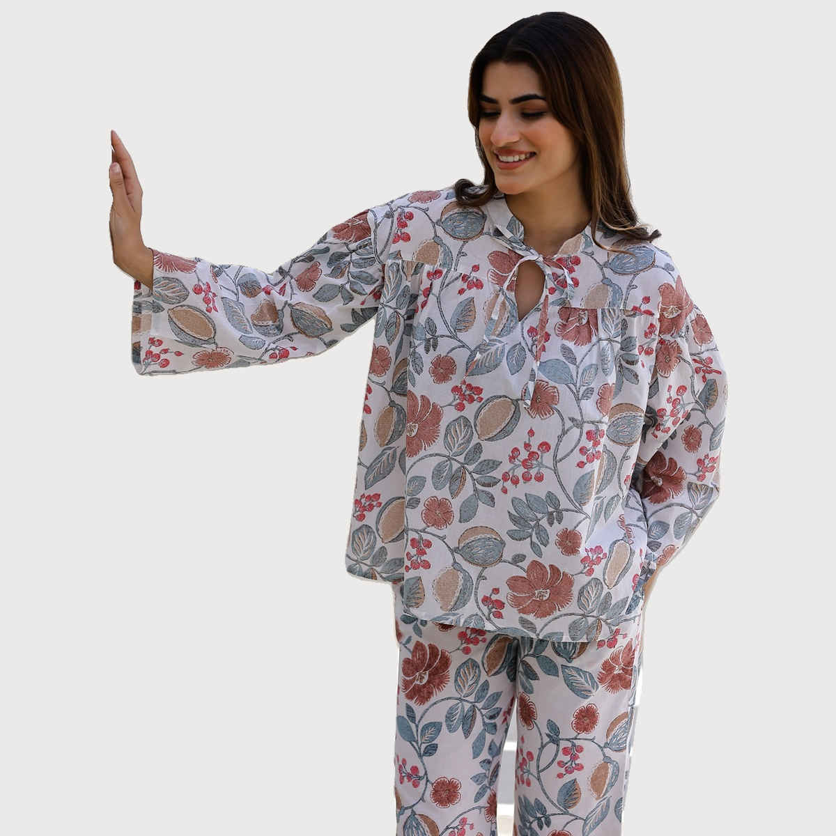 Sanskrutihomes Women Floral Printed Pure Cotton Multicolour Top With Pyjamas SE-NSP-533 | L