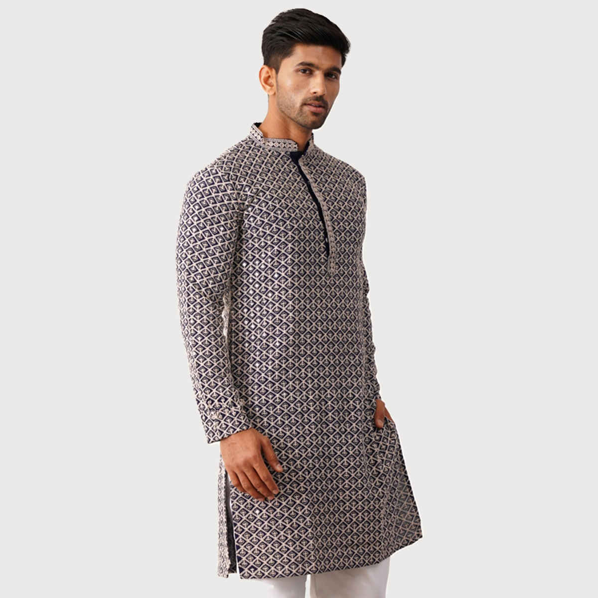 Jompers Sequin Embroidered Pure Cotton Kurtas | KO 5005 Navy | L