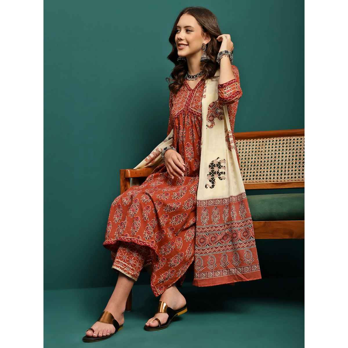 Bandia Women's Floral Anarkali Kurta Trouser Set with Mulmul Dupatta | BANKS0235 | Brown | XL