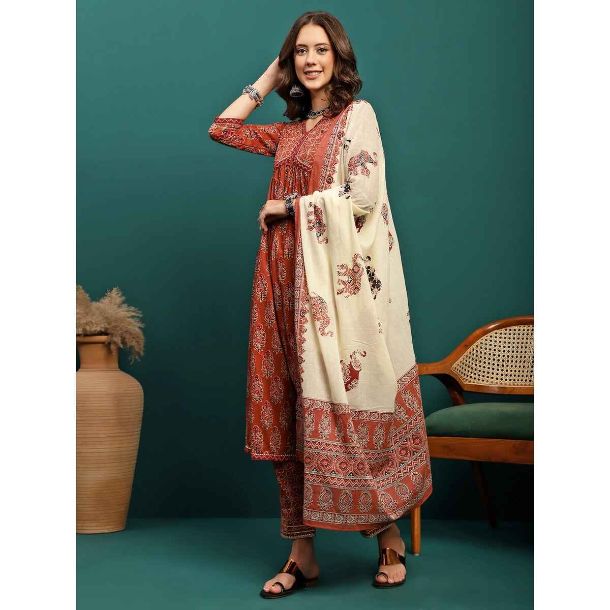 Bandia Women's Floral Anarkali Kurta Trouser Set with Mulmul Dupatta | BANKS0235 | Brown | XL