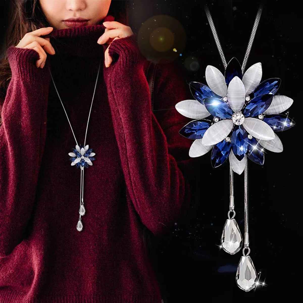 Shining Diva Fashion Stylish Crystal Flower Silver Plated Long Chain Pendant for Women Rrsd10734np