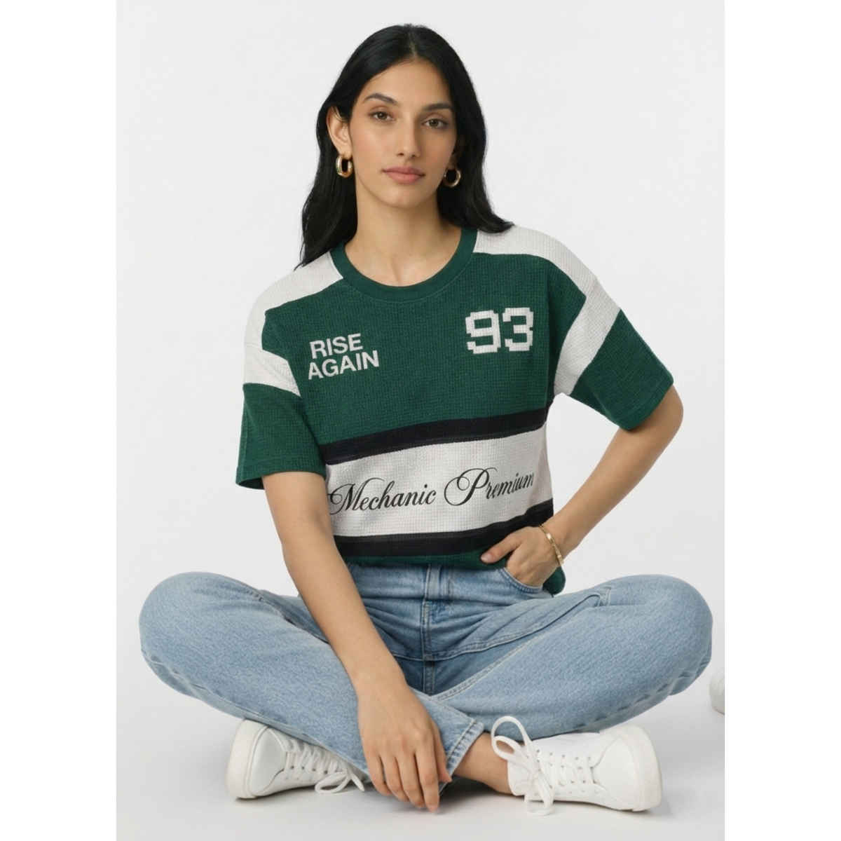 Try This Women's HF Sleeve Block Print Round Neck Tshirt | Green & White | L