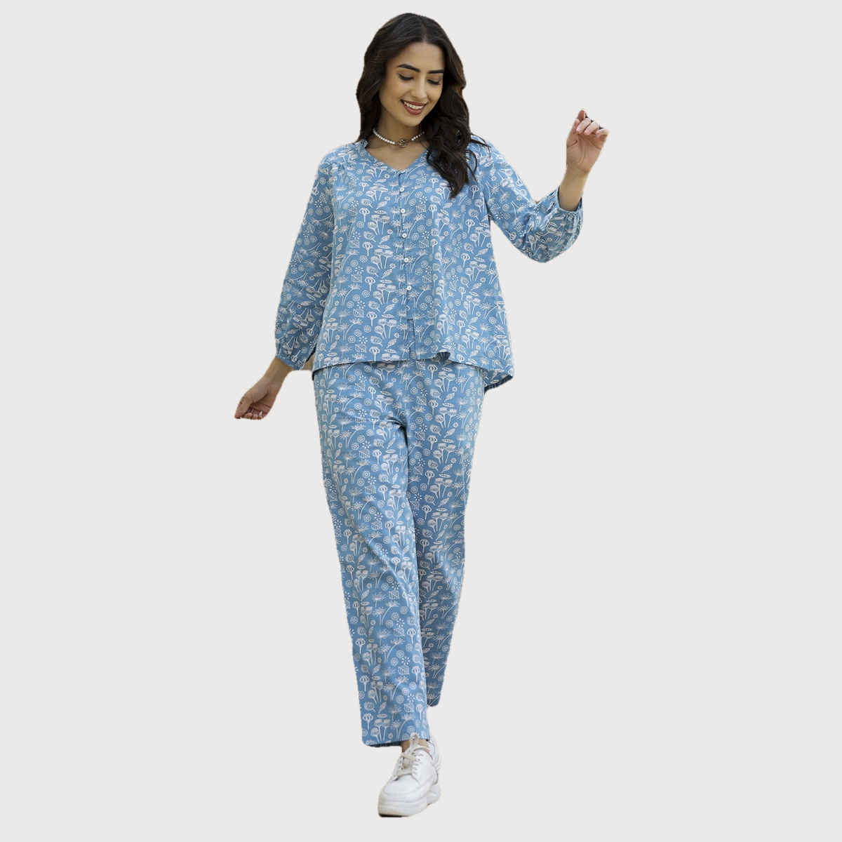 Sanskrutihomes Blue Printed Pure Cotton Top With Trousers | Blue | S