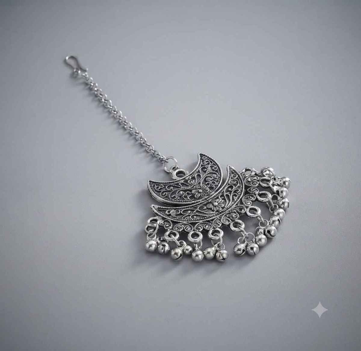 The Opal Factory Navratri Jewelry | Silver Oxidized Moon Maang Tika with Ghungroo | Silver