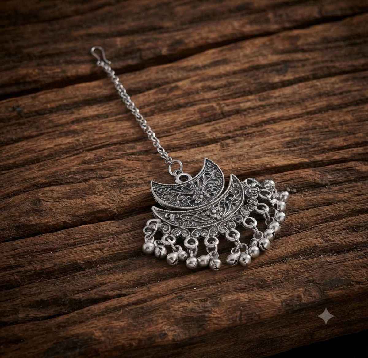 The Opal Factory Navratri Jewelry | Silver Oxidized Moon Maang Tika with Ghungroo | Silver