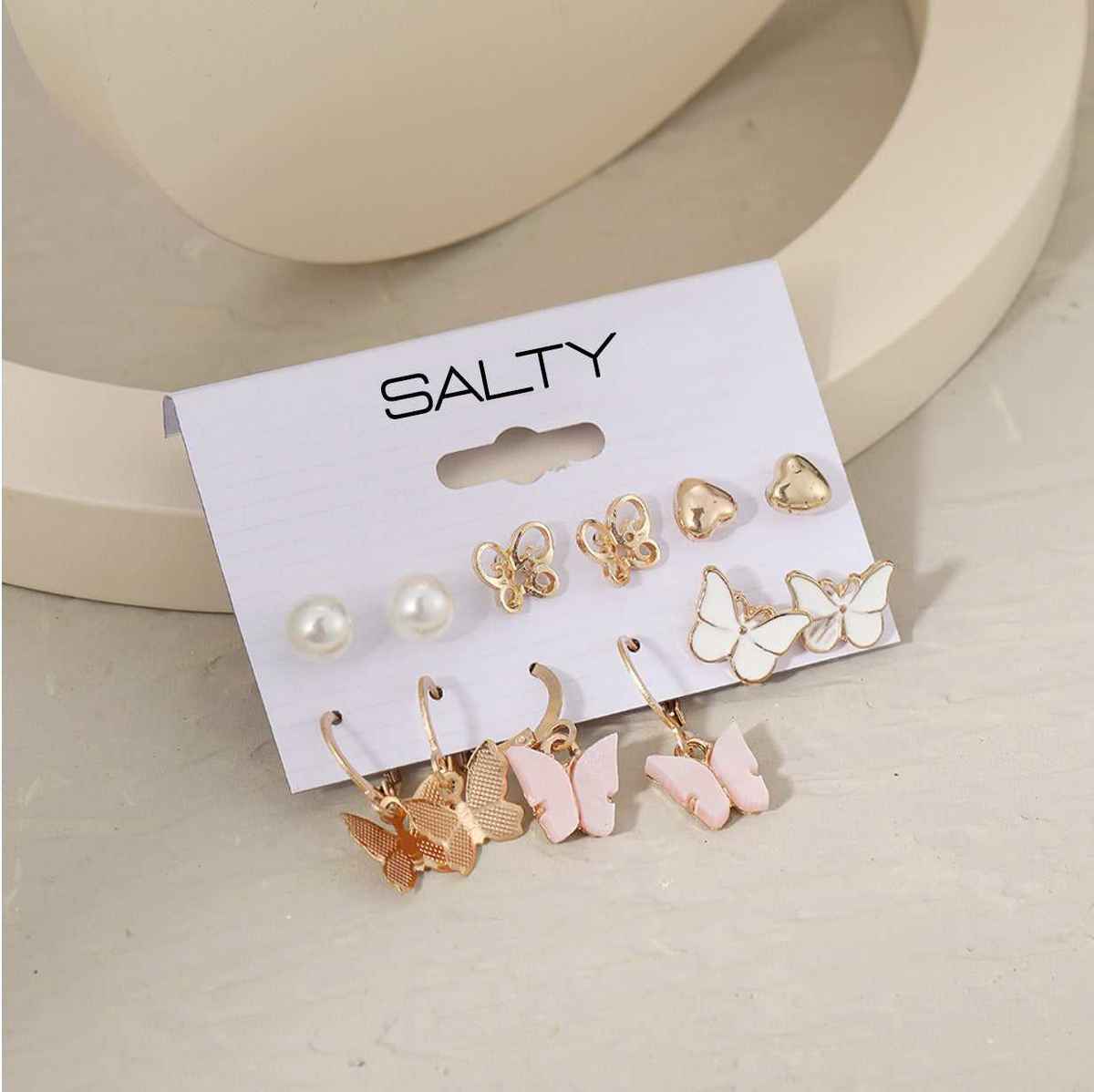 SALTY Set of 6 Butterfly Drop Earrings and Studs for Women and Girls| Anti-Tarnish | Gold and Pink