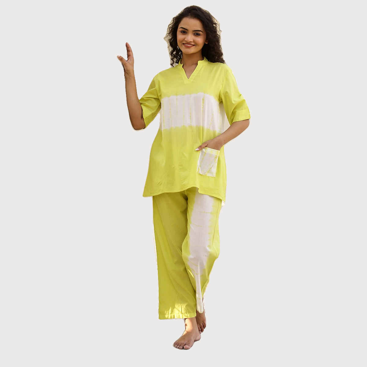 Sanskrutihomes Yellow Tie and Dyed Pure Cotton Night Suit | L