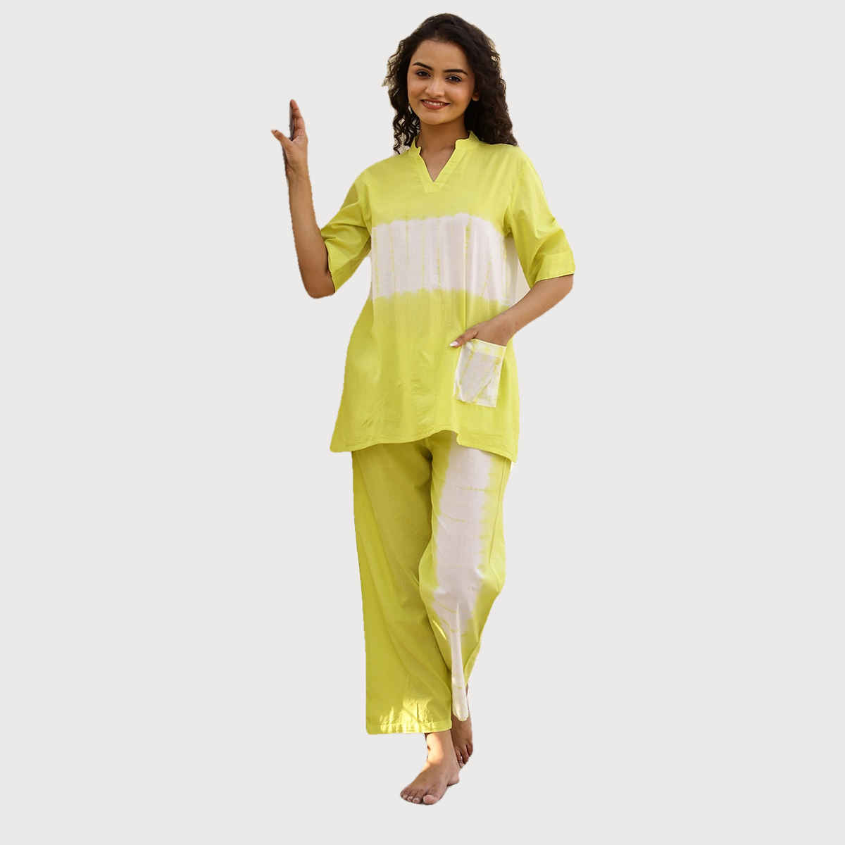 Sanskrutihomes Yellow Tie and Dyed Pure Cotton Night Suit | XL