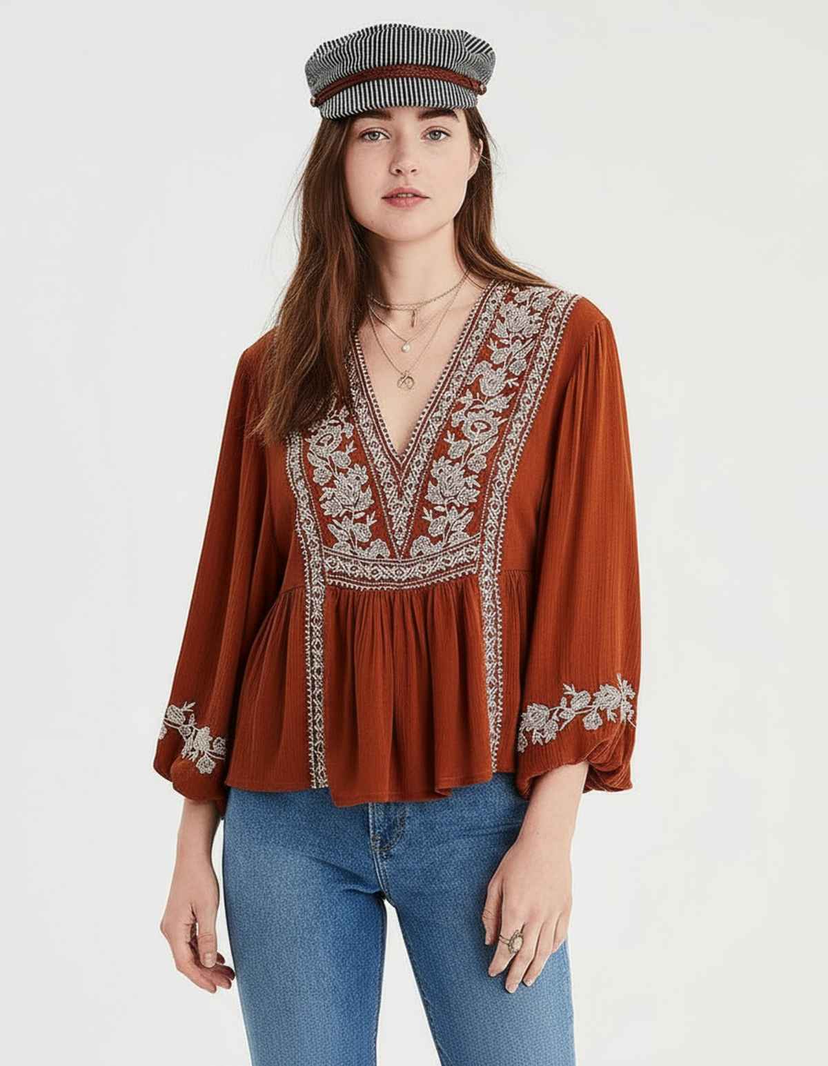 GoSriKi Women's Rayon Viscose Embroidered Boho Peplum Top | V-Neck | Floral Thread Work | Long Sleeves | Sujan Brown | M