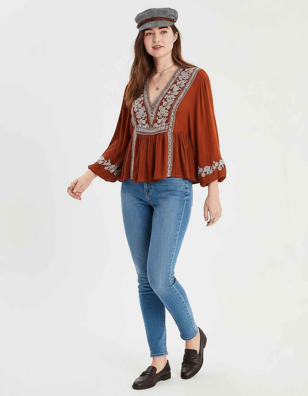 GoSriKi Women's Rayon Viscose Embroidered Boho Peplum Top | V-Neck | Floral Thread Work | Long Sleeves | Sujan Brown | L