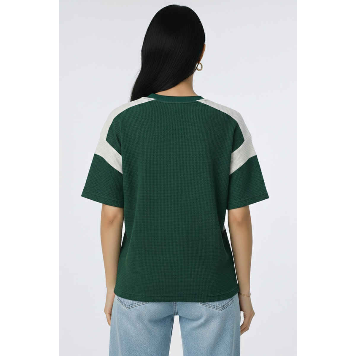 Try This Women's HF Sleeve Block Print Round Neck Tshirt | Green & White | L
