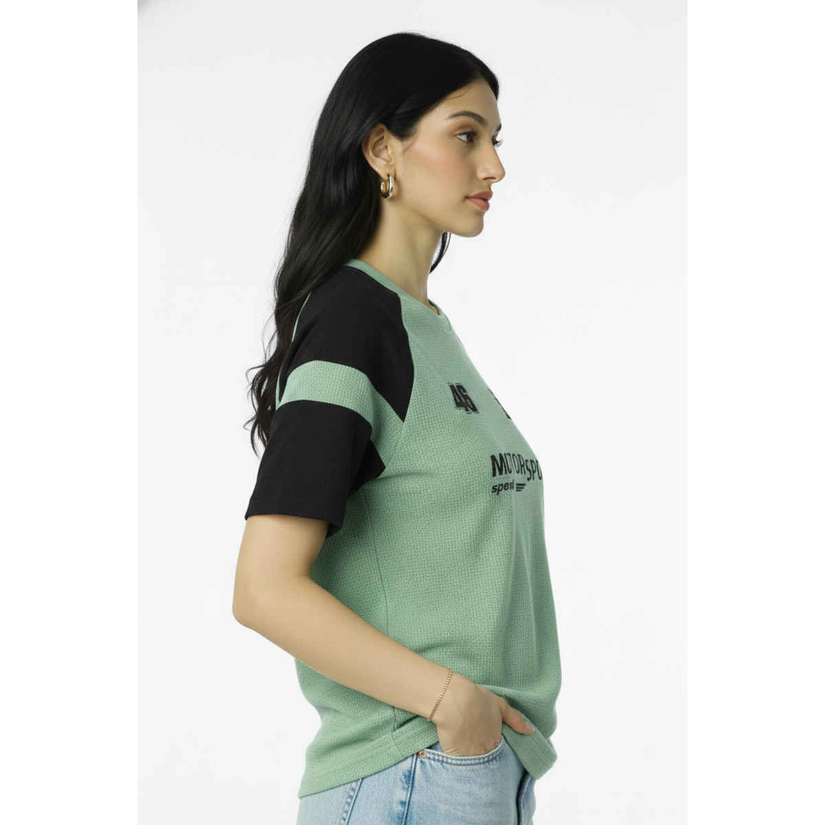 Try This Women's HF Sleeve Typographic Print Round Neck Tshirt | Light Green | M