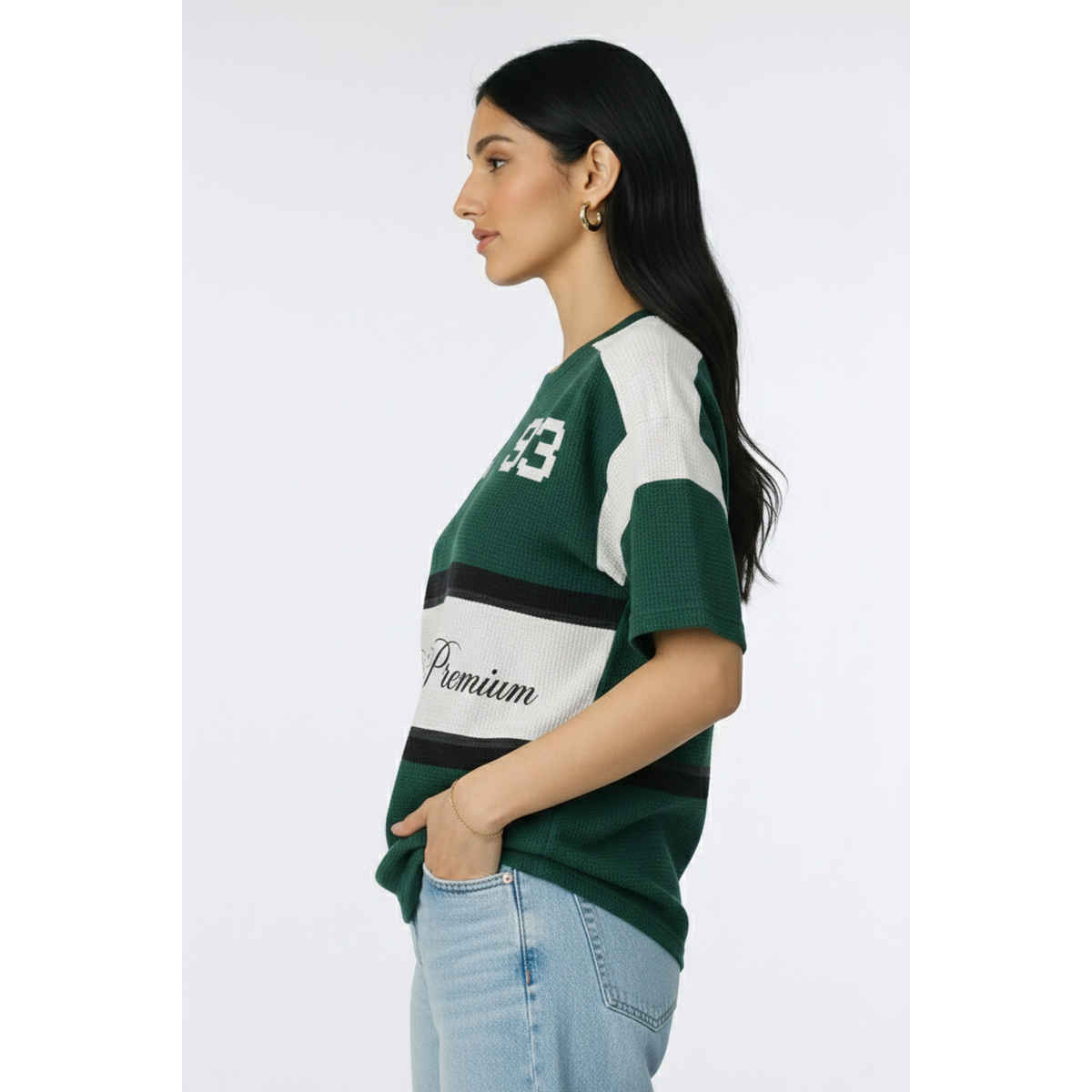 Try This Women's HF Sleeve Block Print Round Neck Tshirt | Green & White | L