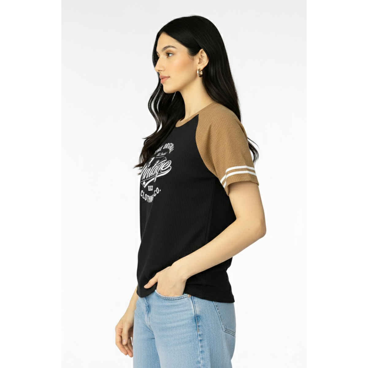 Try This Women's HF Sleeve Graphic Print Round Neck Tshirt | Black & Brown | M