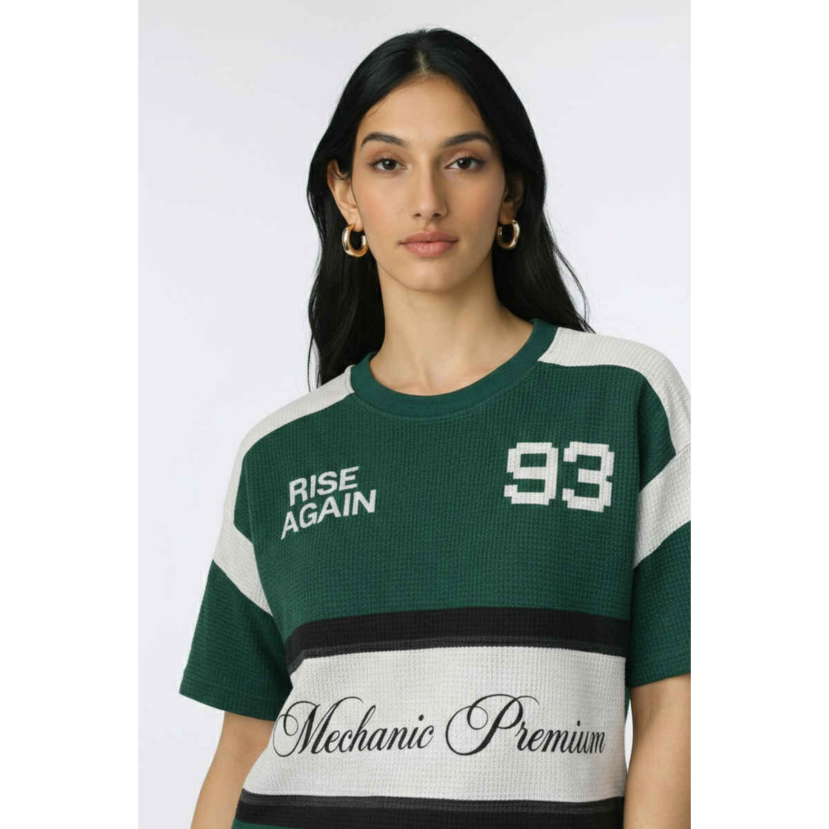Try This Women's HF Sleeve Block Print Round Neck Tshirt | Green & White | L