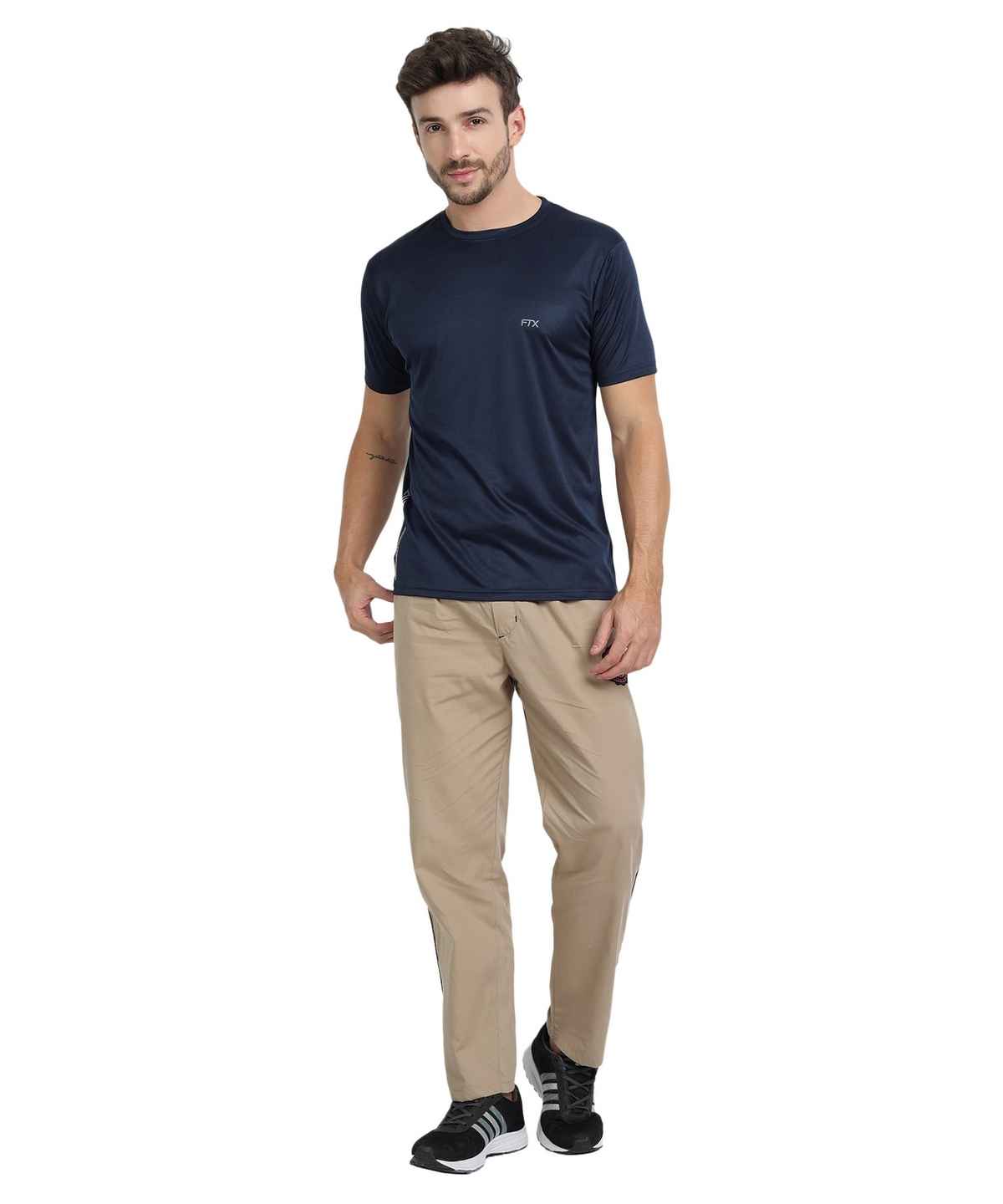 Ftx Men's Solid Round Neck Polyester Half Sleeve Casual T-shirt | Navy | S